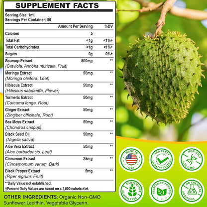 Soursop Bitters Liquid 880mg, Soursop Multivitamin Drops with Leaf Extract & Sea Moss, 166ml