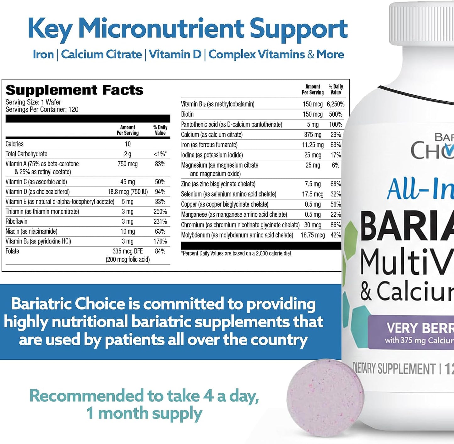 Bariatric Choice All-in-One Chewable Bariatric Multivitamin with Iron & Calcium Citrate, Very Berry (120 Tablets) - görsel 7