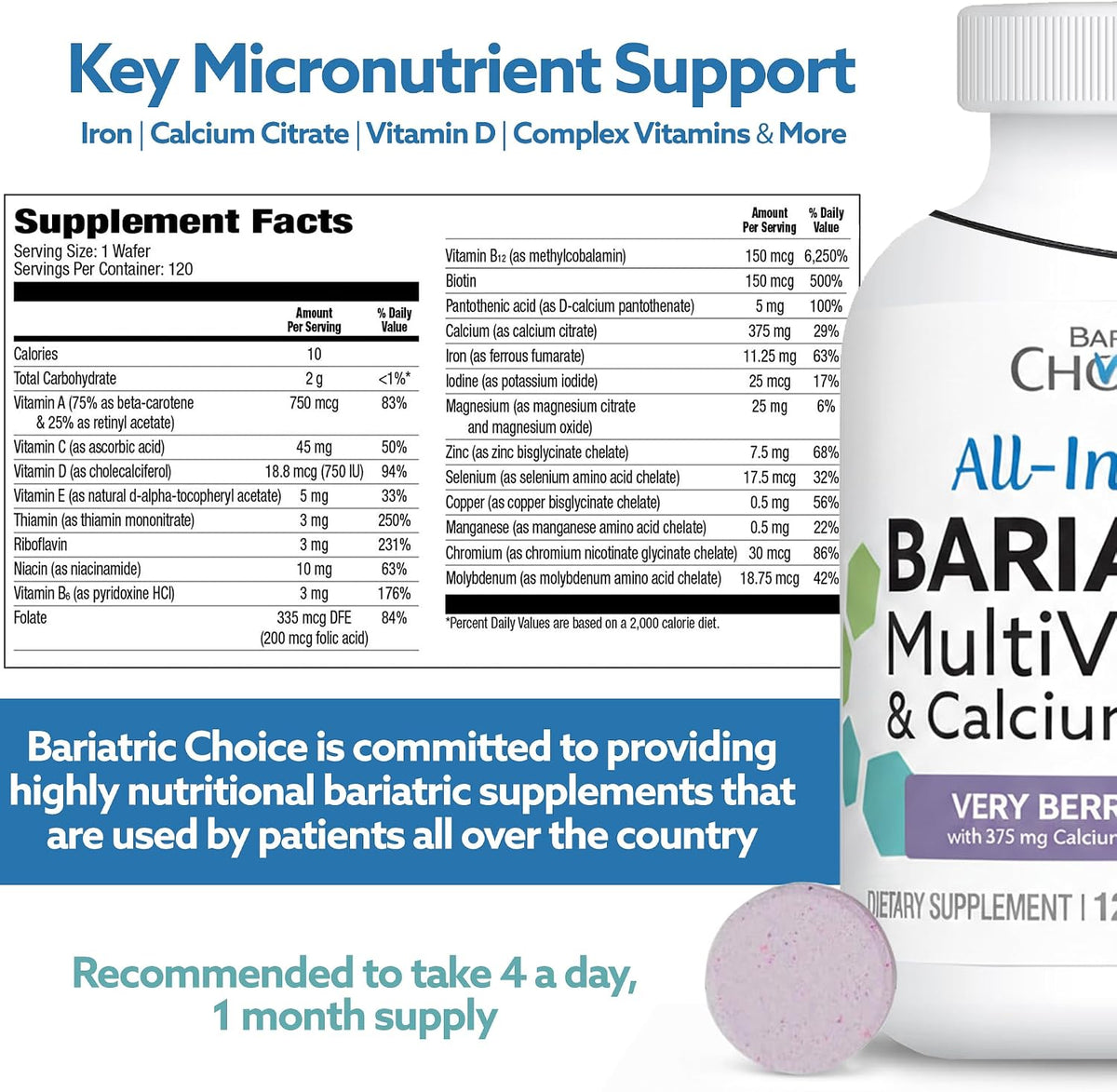 Bariatric Choice All-in-One Chewable Bariatric Multivitamin with Iron & Calcium Citrate, Very Berry (120 Tablets) - görsel 7
