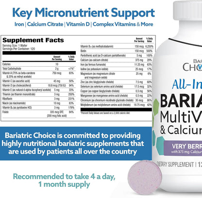 Bariatric Choice All-in-One Chewable Bariatric Multivitamin with Iron & Calcium Citrate, Very Berry (120 Tablets)