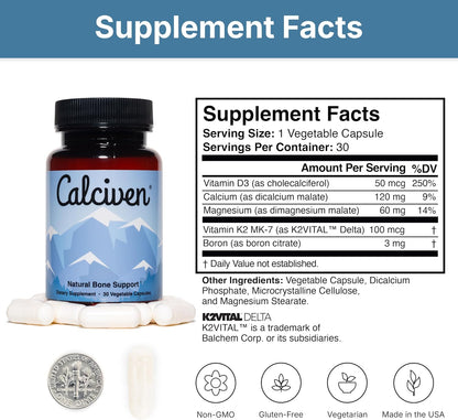 Calciven - Natural Bone Support Supplement with Calcium, Magnesium, Vitamin D3 & K2 - Non-GM, Gluten-free