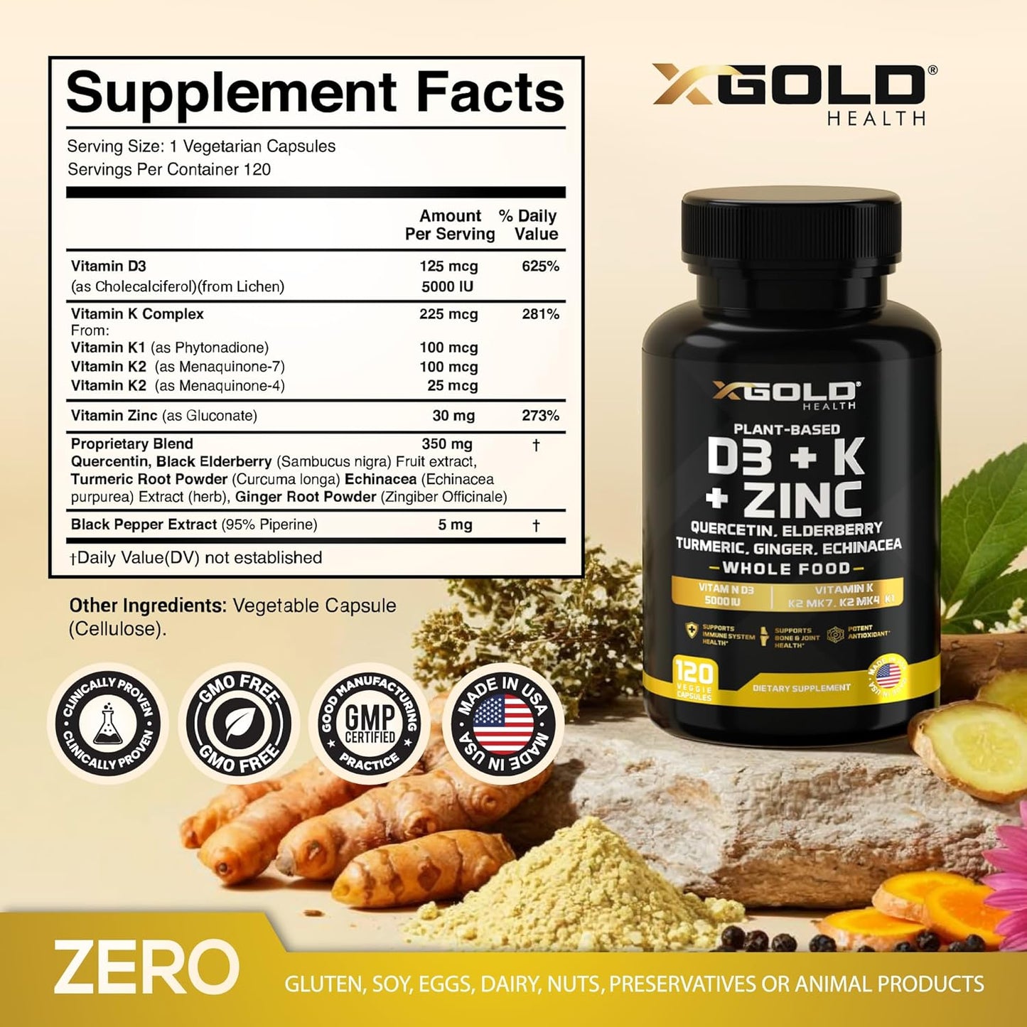 X Gold Health 8-in-1 Vitamin D3 and K2 Complex with Zinc, Quercetin and Elderberry - 120 Capsules - görsel 2