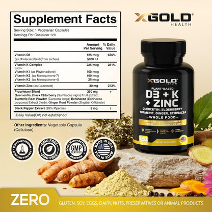 X Gold Health 8-in-1 Vitamin D3 and K2 Complex with Zinc, Quercetin and Elderberry - 120 Capsules