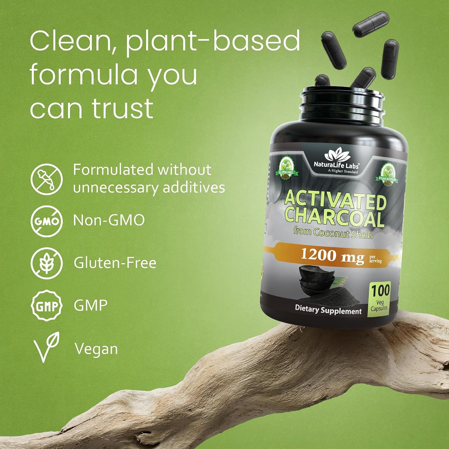 NaturaLife Labs Activated Charcoal 1200 mg - 100 Vegan Capsules (Coconut Shell) - görsel 6