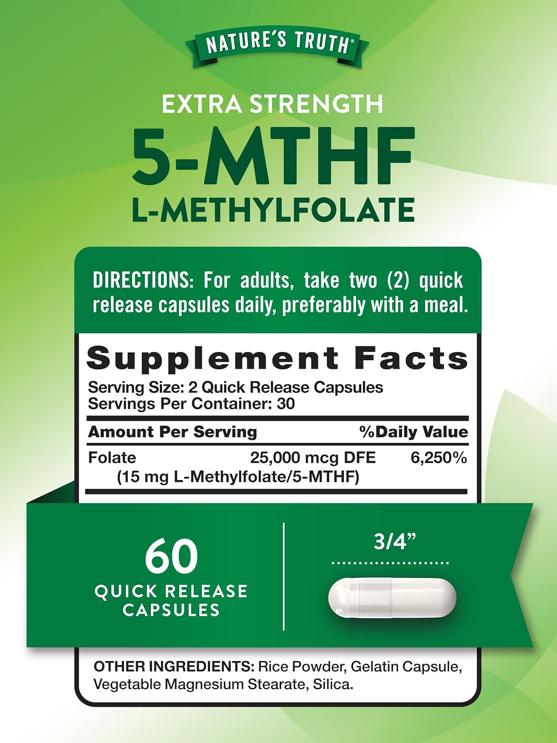 Nature's Truth L-Methylfolate 15mg, 60 Capsules – Extra Strength Active B9 Supplement - görsel 2