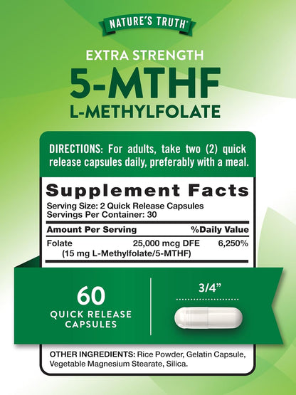 Nature's Truth L-Methylfolate 15mg, 60 Capsules – Extra Strength Active B9 Supplement