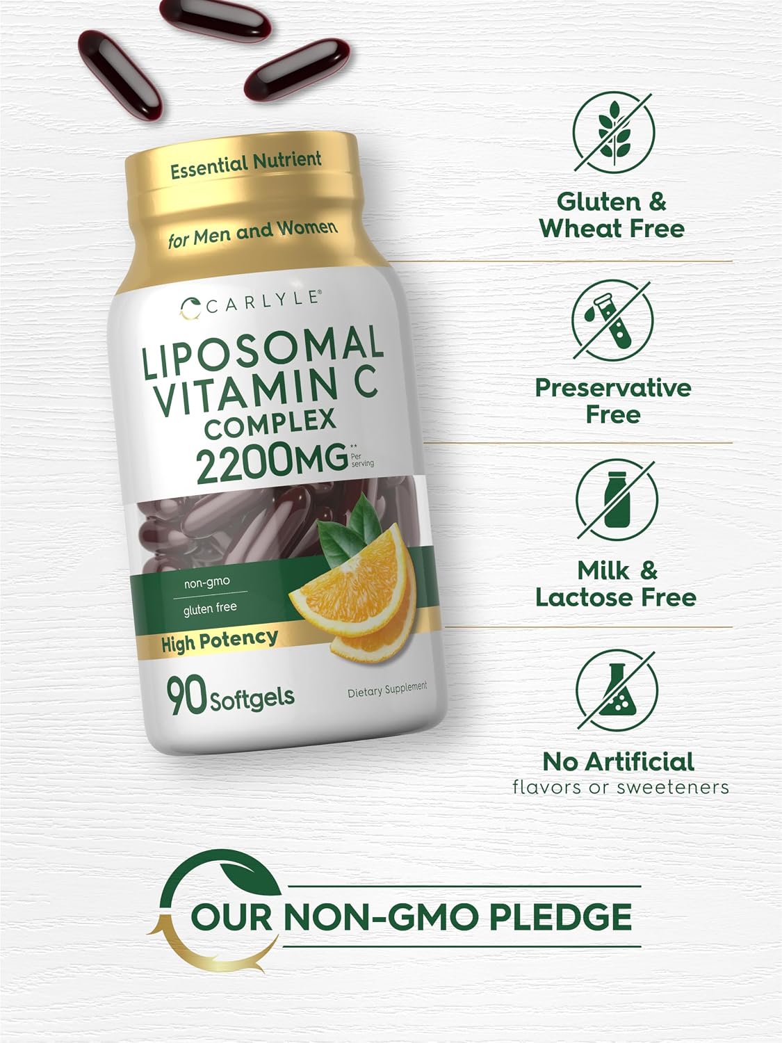 Carlyle Liposomal Vitamin C | 2200mg | 90 Soft gel capsule Capsules | High Potency Complex Supplement | Non-GM, Gluten-free - görsel 5
