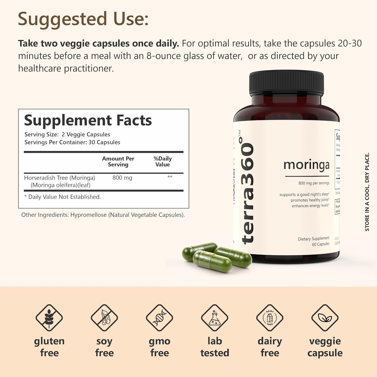 Natural Moringa Leaf Powder Capsules - 800mg, Vegan, Non-GM, 3rd-Party Tested, Gluten-free, 60 Capsules - görsel 3