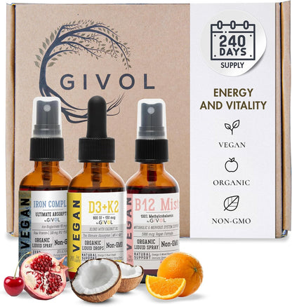 GIVOL Energy & Vitality Bundle Liquid Spray Trio - B12 Methylcobalamin, Iron Bisglycinate, and D3 (Lichen) & K2 (MK4 & MK7), Non-GMO, Gluten-free, Sugar-Free, 60 ml (540-Day Supply)