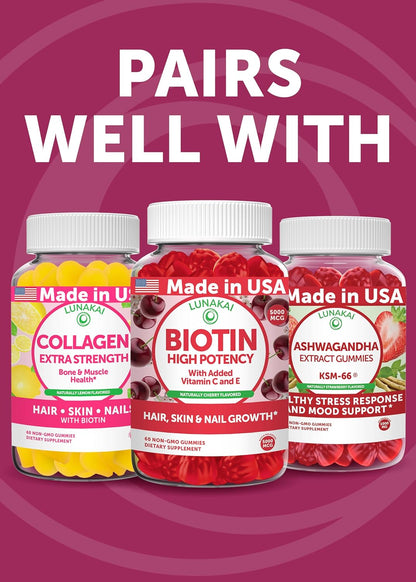 Lunakai USA-made Super Hair Gummies with Biotin, Zinc, Horsetail Extract & Saw Palmetto – Hair Growth Vitamins for Women & Men, 60 Gummies