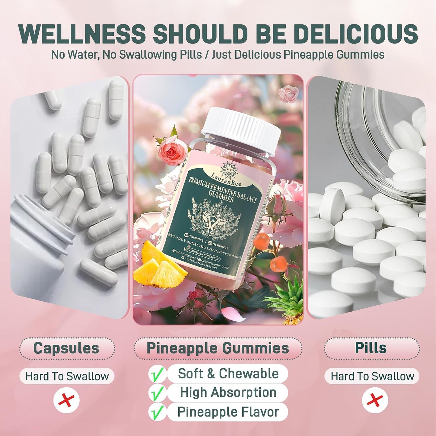 LanranBee Premium Feminine Balance Gummies - Vaginal Probiotic for Women - pH Balance & Immune Support - Hawaiian Pineapple Flavour - 60 Count - görsel 6