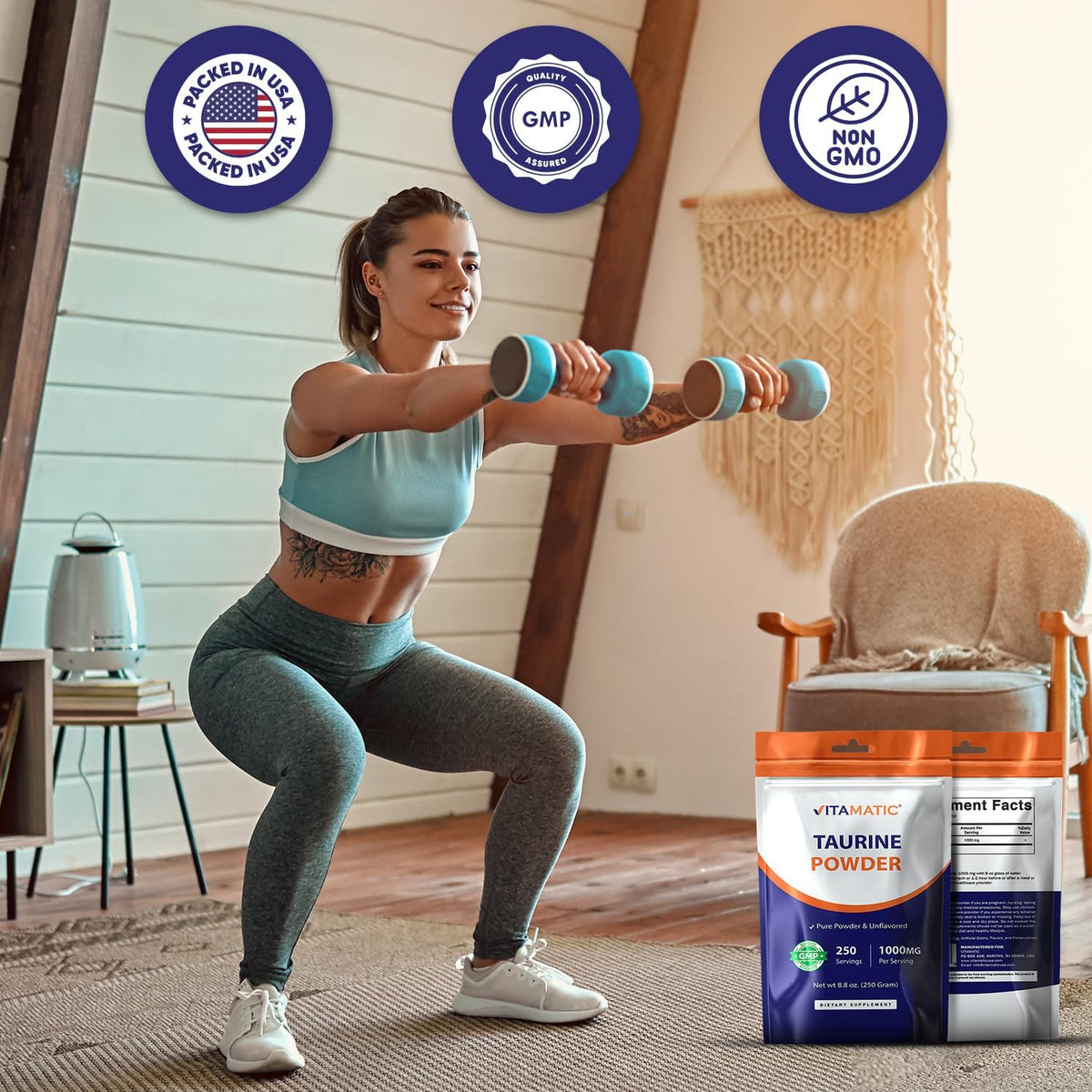 Vitamatic Pure Taurine 1000mg - 250 Servings, Non-GMO, Gluten-free - görsel 6