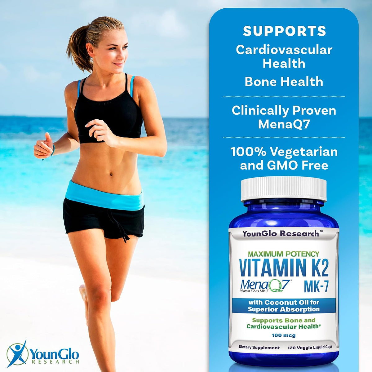 YounGlo Research Vitamin K2 MK7 (MenaQ7) 100 mcg with Coconut Oil - 120 Vegan Liquid Capsules - görsel 3