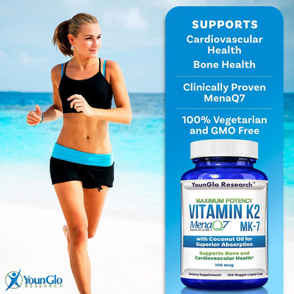 YounGlo Research Vitamin K2 MK7 (MenaQ7) 100 mcg with Coconut Oil - 120 Vegan Liquid Capsules