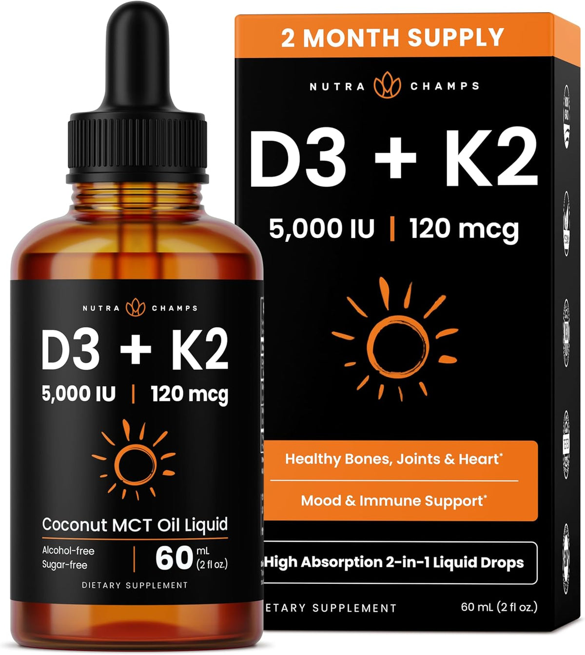 NutraChamps Vitamin D3 K2 Drops - Liquid D3 5000 IU with K2 MK-7, Unflavoured - görsel 1