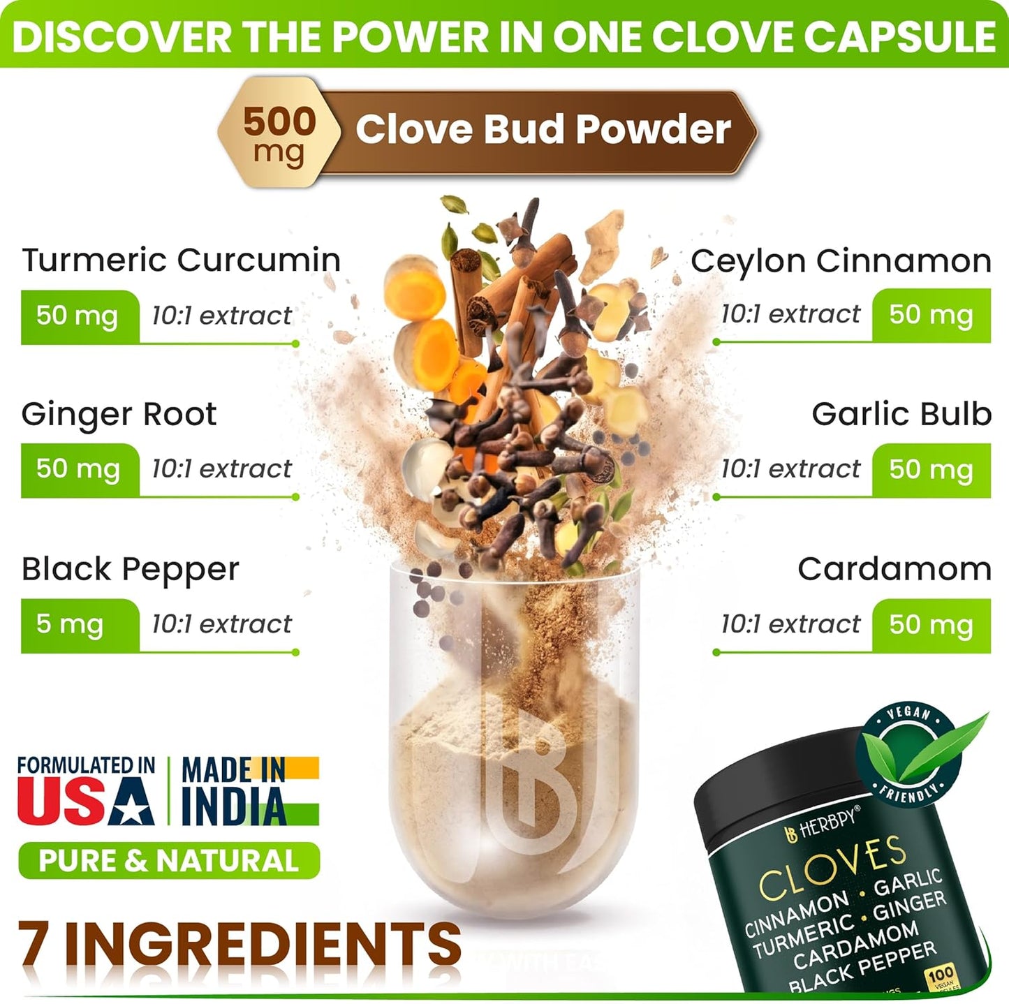 7in1 Clove Supplement 500mg - Rich in Vitamins and Minerals, Supports Digestion, Immune and Heart Health - Contains Cinnamon, Turmeric, Ginger, Cardamom, Garlic and Black Pepper - 100 Vegan Capsules - görsel 2