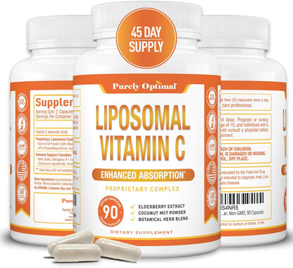 Purely Optimal Premium Liposomal Vitamin C Supplement – High Absorption, Fat Soluble Ascorbic Acid 1000mg for Immune Support, Non-GM, 90 Capsules