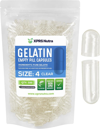 XPRS Nutra Size 4 Empty Capsules - 100 Capsules Small Empty Gelatin Capsules - Pills DIY Capsule Filling - Fillable Pure Bovine Pill Gel Caps for Homemade Supplements (White)