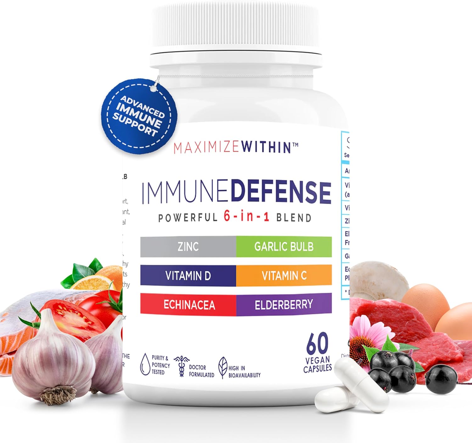 Maximum Slim 6-in-1 Immune Support Supplement with Zinc, Vitamin C, Elderberry, Vitamin D, Echinacea and Garlic, 60 Capsules - görsel 1