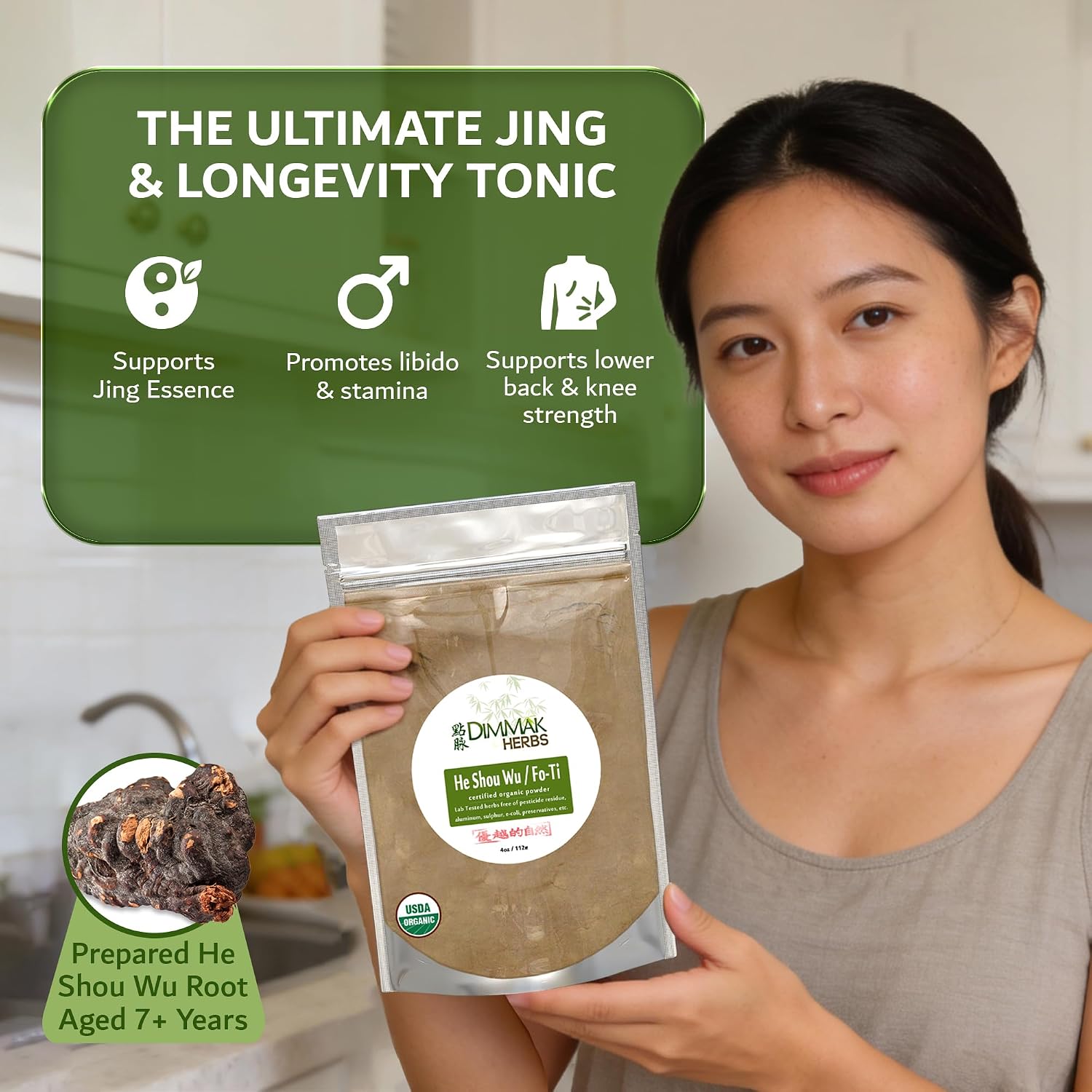 Organic Prepared He Shou Wu Powder (Fo-Ti Root) – Traditional Black Bean Cured Tonic, 113g (4oz) - görsel 3
