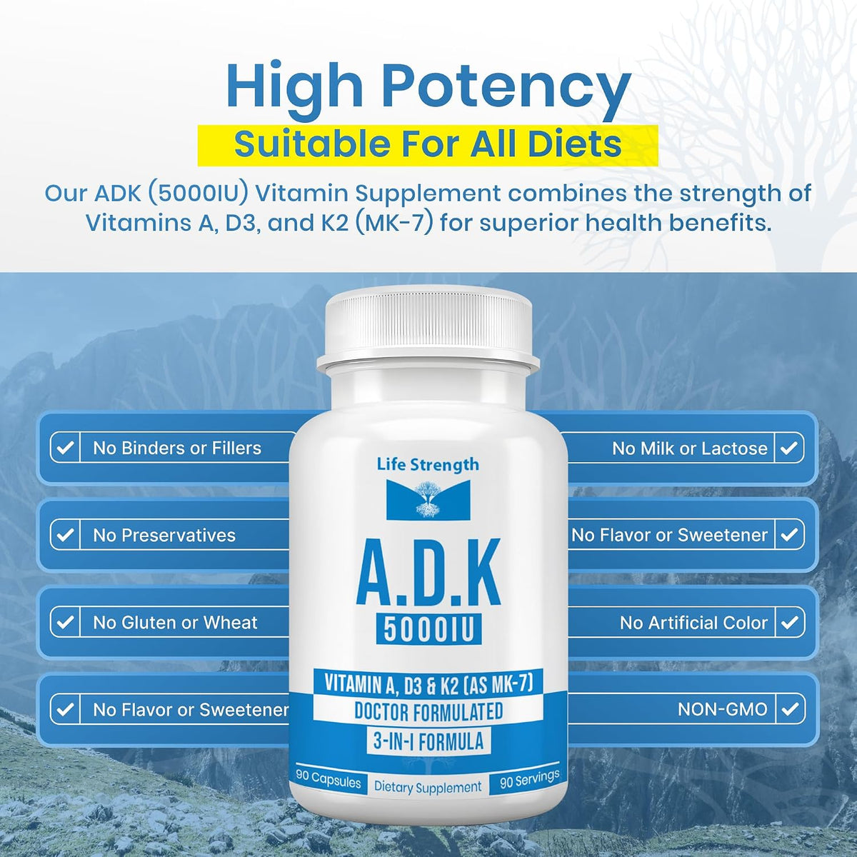 LifeStrength ADK Food Supplement - Vitamins A1, D3 & K2 (MK-7) - Bone Health & Immune Support - 2-Pack (180 Capsules) - görsel 6