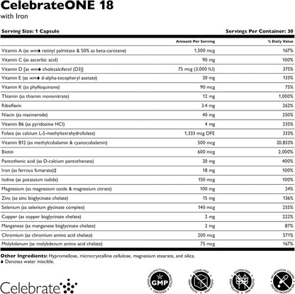 CelebrateONE 18 Bariatric Multivitamin with Iron – Once Daily, 30 Vegetable Capsules