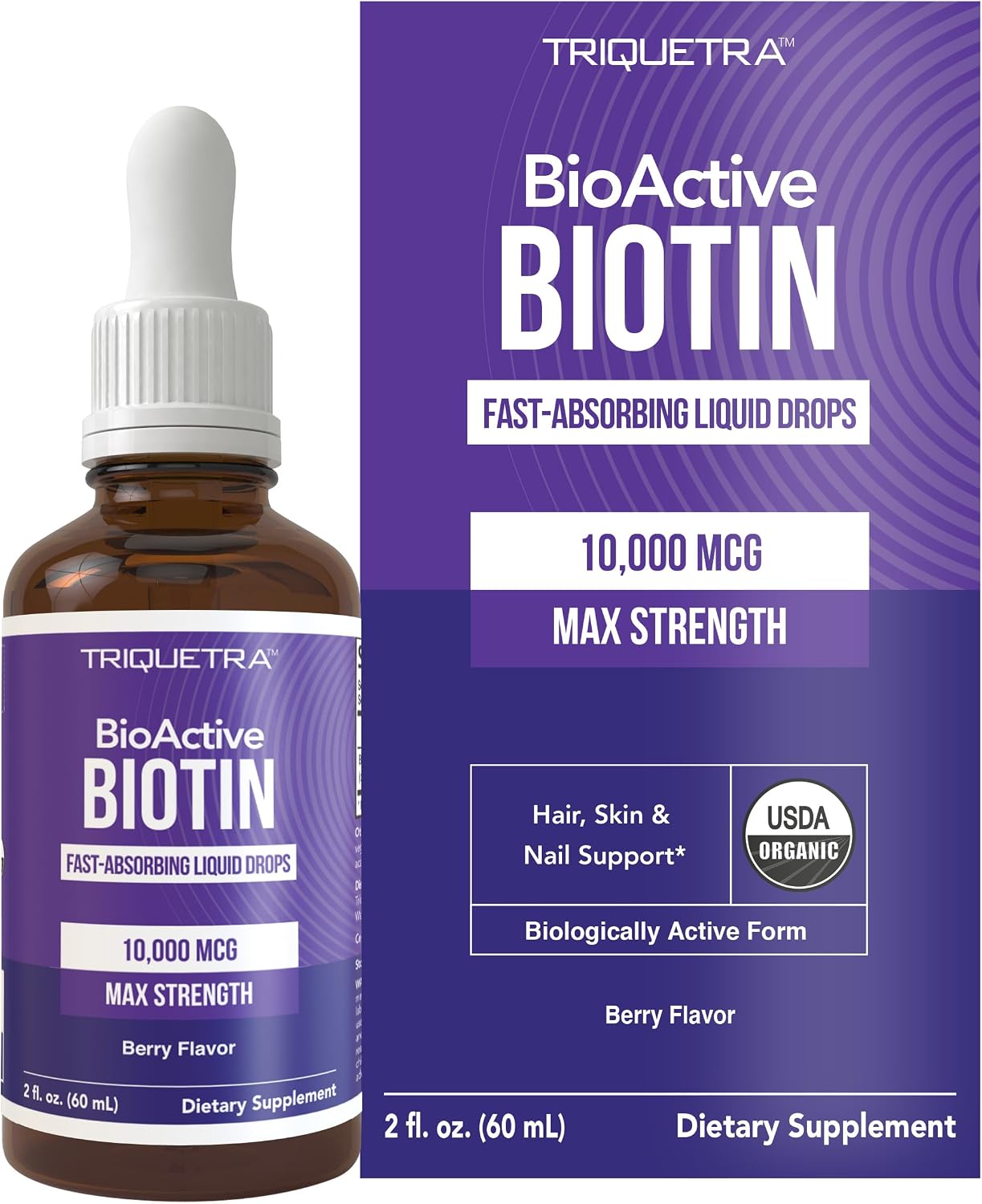 Liquid Biotin 10,000 mcg Drops for Women – Organic USP Grade – High-Absorption D-Biotin – Supports Healthy Hair, Skin & Nails – Natural Berry Flavour – 180 Servings - görsel 1