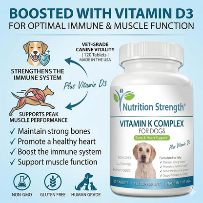 Nutrition Strength Vitamin K for Dogs with K1, K2 (MK4 & MK7) and D3 - 120 Chewable Tablets