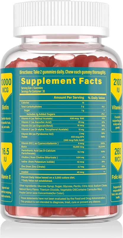Lazpowfi Biotin Gummies for Hair, Skin and Nails – Vegan Vitamin B7 – Strawberry – 60 Gummies (30 Day Supply)