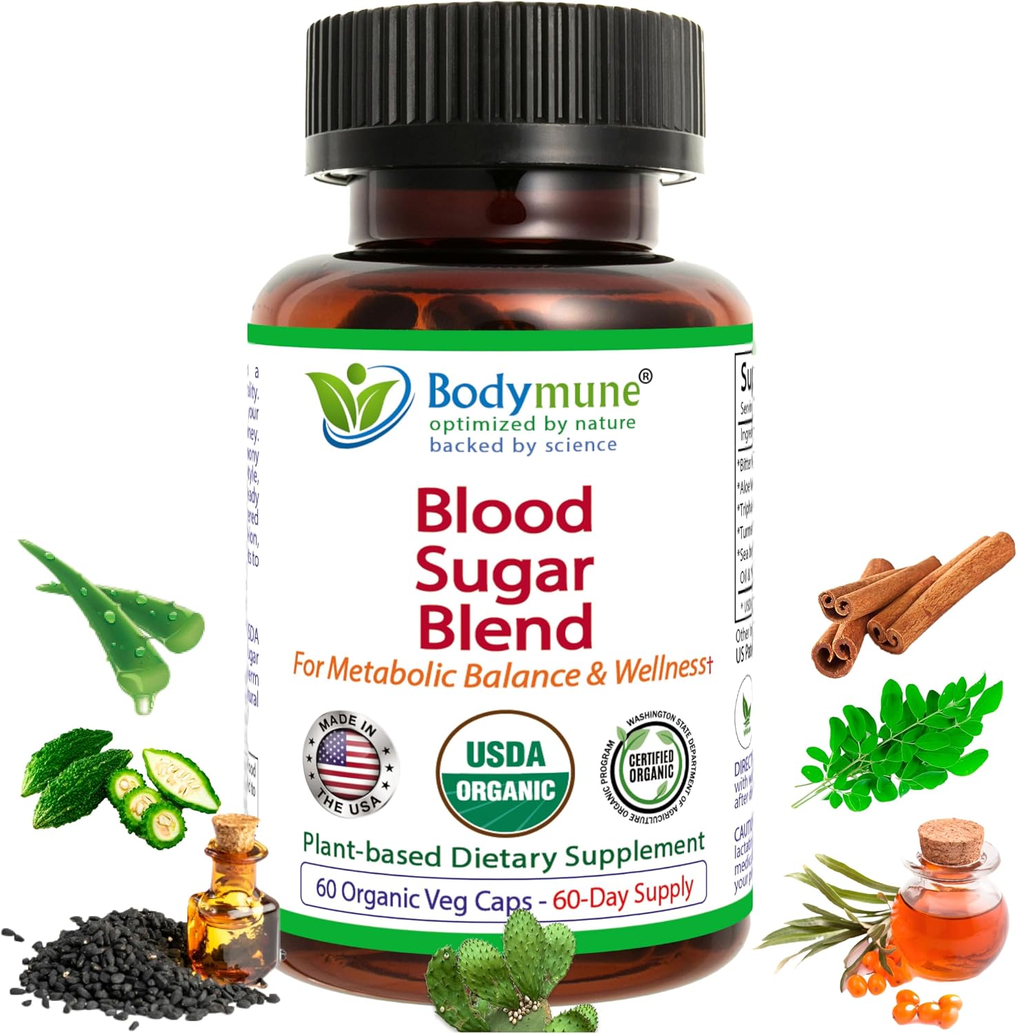 Bodymune Blood Sugar Blend – Organic Blood Sugar Support Food Supplement with Bitter Melon, Moringa & Black Seed Oil – 66 Capsules - görsel 1