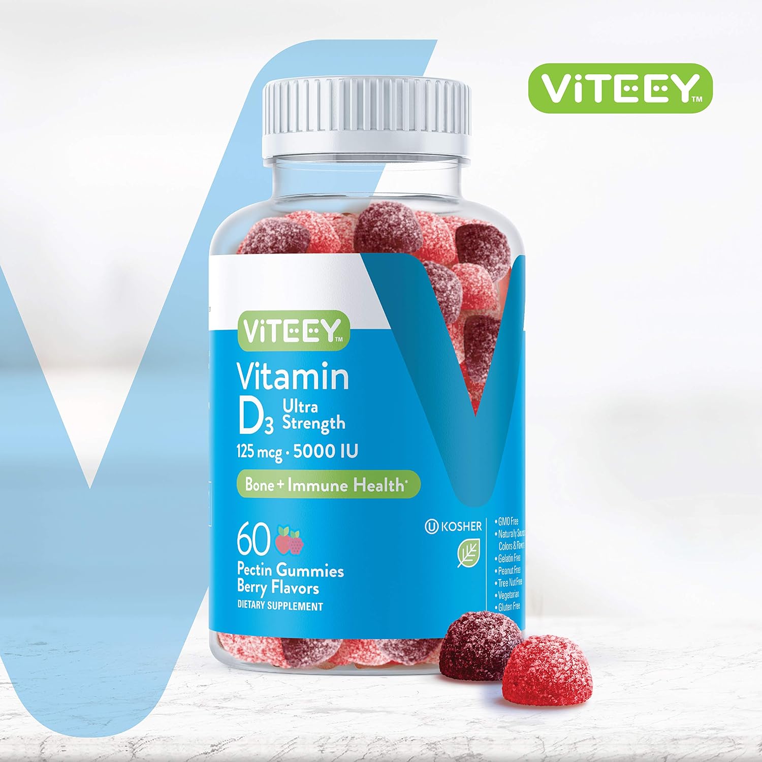Viteey Vitamin D3 Gummies for Adults & Teens – 5,000 IU (125 mcg) – Chewable Berry Flavour – Vegetarian & Gelatine Free – 60 Count - görsel 2