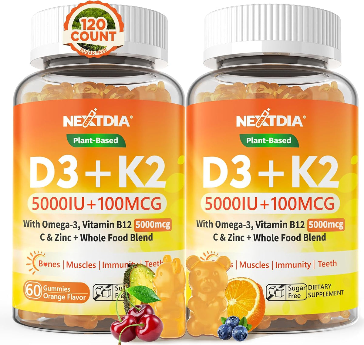 Nextdia Vitamin D3 K2 Gummies - 5000 IU D3, 100 mcg K2 MK-7, Omega-3, Vitamin C, Zinc - Plant-Based, Sugar-Free - Bone and Immune Support - görsel 1