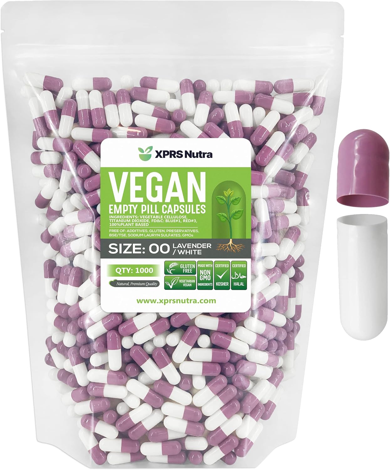 XPRS Nutra Size 00 Empty Capsules - 1000 Count Vegan Capsules (Lavender/White) - görsel 1