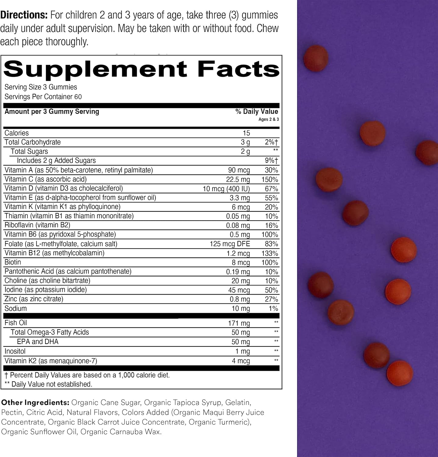 SmartyPants Toddler Multivitamin Gummies – Omega 3 Fish Oil (EPA/DHA), Vitamin D3, C, B12, B6, A, K & Zinc, Biotin, Beta Carotene – Gluten-free – Three Fruit Flavours – 180 Count (60 Day Supply) - görsel 3