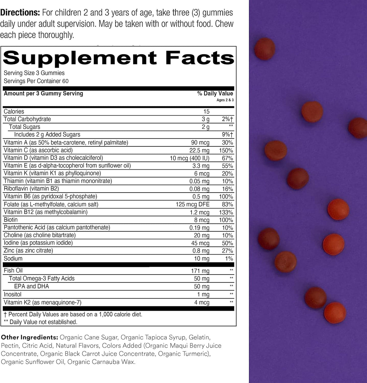 SmartyPants Toddler Multivitamin Gummies – Omega 3 Fish Oil (EPA/DHA), Vitamin D3, C, B12, B6, A, K & Zinc, Biotin, Beta Carotene – Gluten-free – Three Fruit Flavours – 180 Count (60 Day Supply) - görsel 3