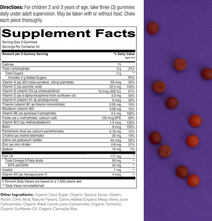 SmartyPants Toddler Multivitamin Gummies – Omega 3 Fish Oil (EPA/DHA), Vitamin D3, C, B12, B6, A, K & Zinc, Biotin, Beta Carotene – Gluten-free – Three Fruit Flavours – 180 Count (60 Day Supply)