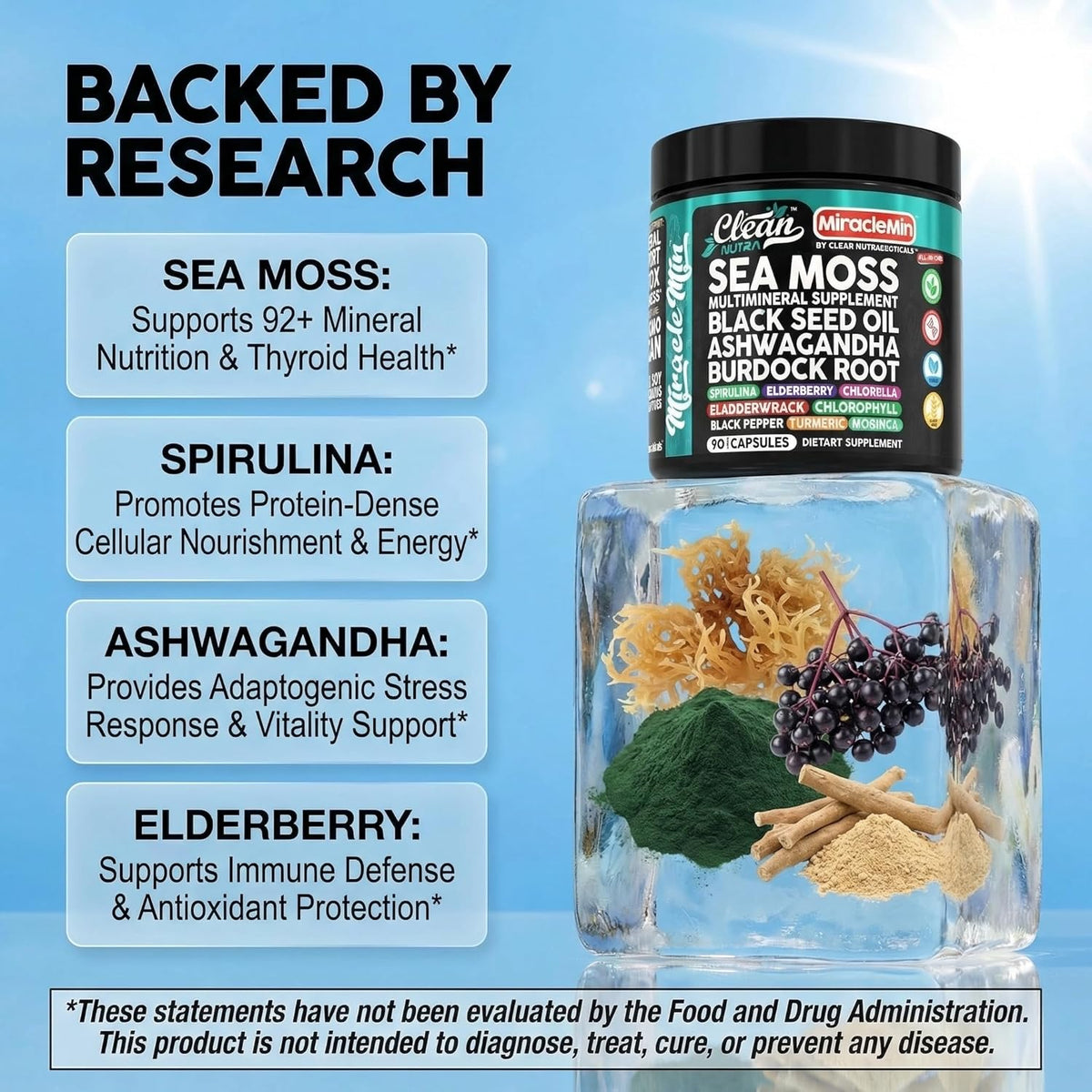 Clean Nutra Organic Sea Moss Capsules with Ashwagandha, Black Seed Oil, and Superfoods Blend – 90 Vegan Capsules - görsel 3