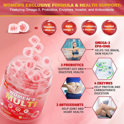 Women's Multivitamin Gummies - Methylated Multivitamin with Omega-3, Magnesium, Enzymes, Probiotic & Antioxidant Blend - 1 Pack