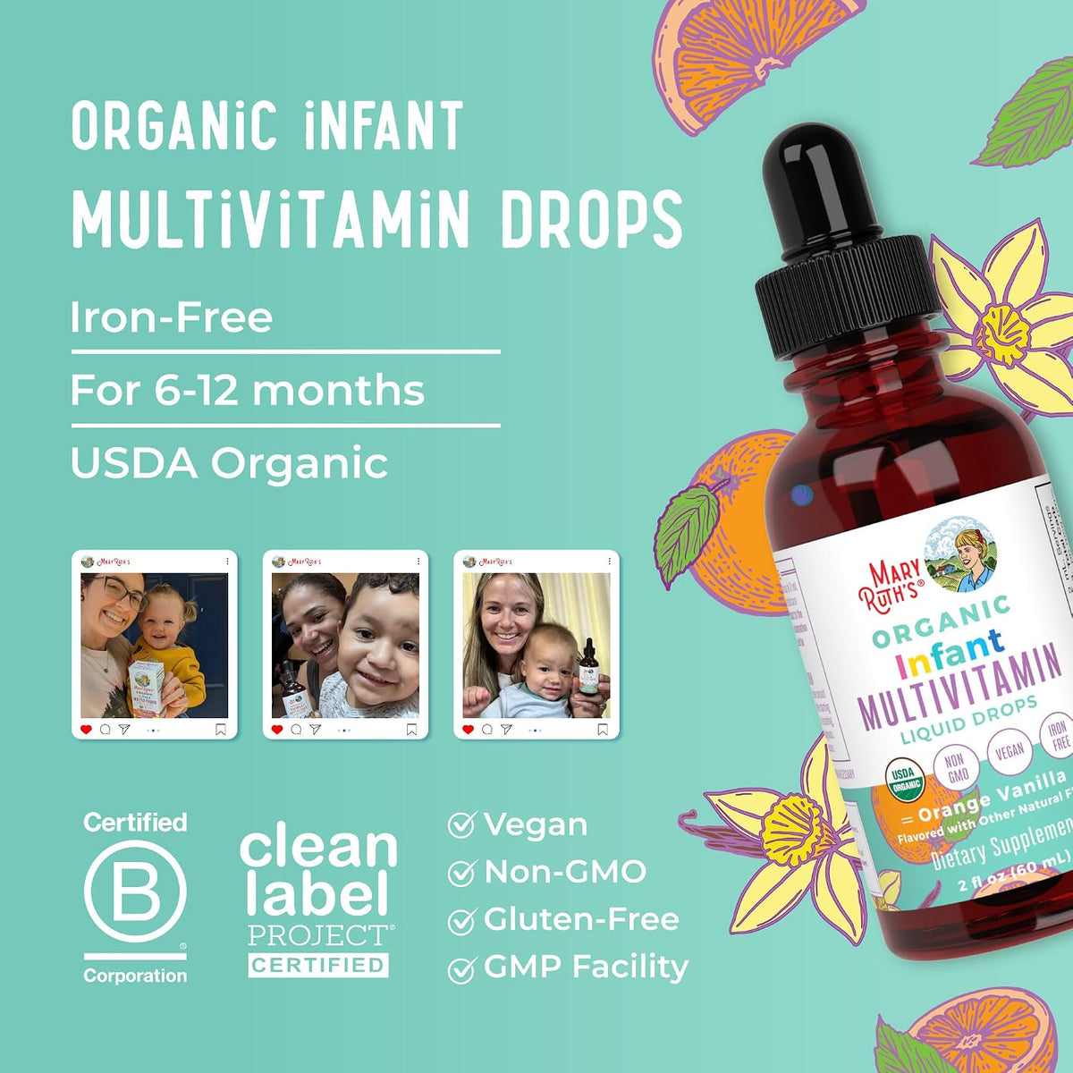 MaryRuth's Organics Infant Multivitamin Liquid Drops with Iron, USDA Organic, for Babies 6-12 Months, 2 Fl Oz (59 ml) - görsel 8