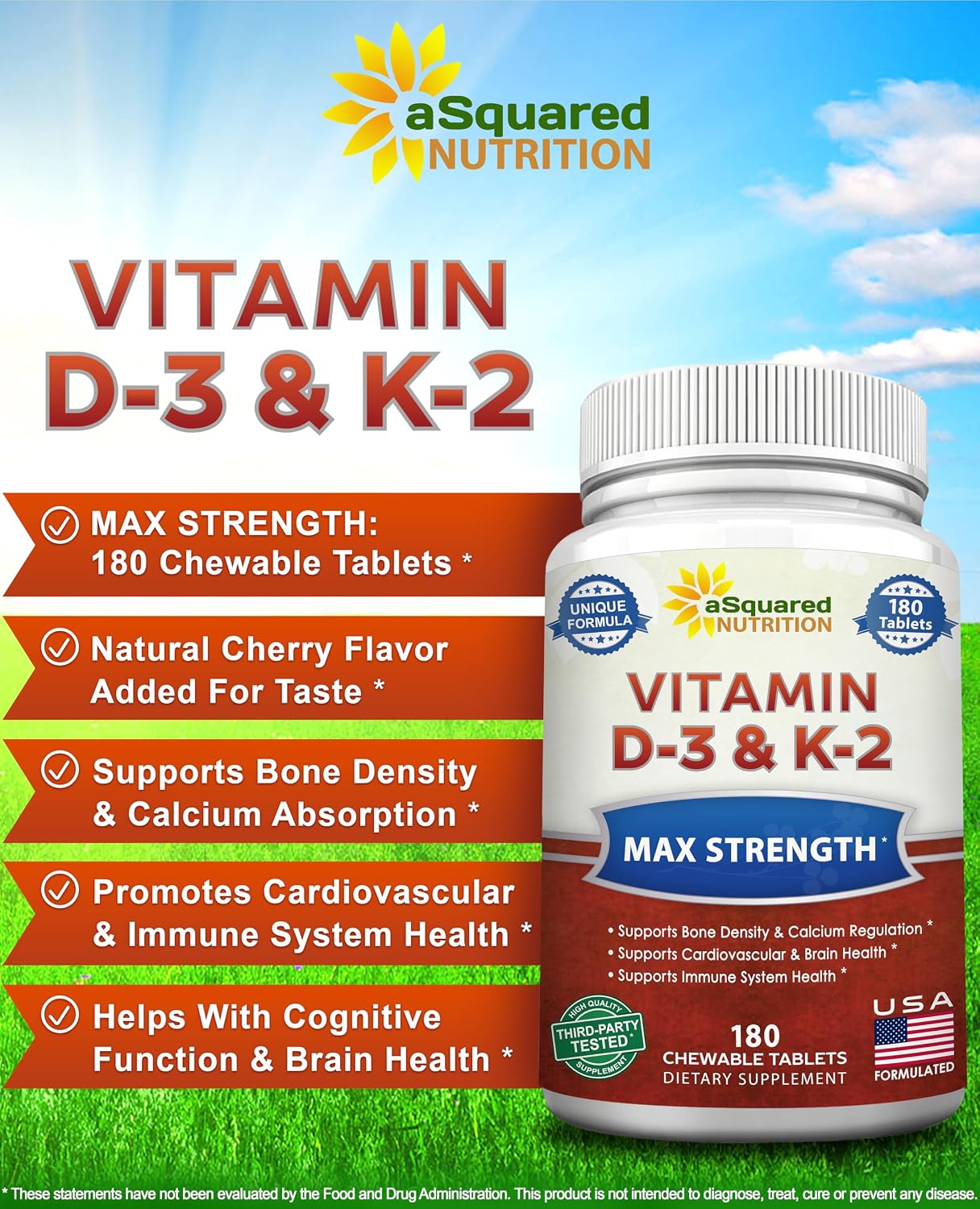 aSquared Nutrition Vitamin D3 with K2 - 180 Chewable Tablets, 2000 IU D3 & 75 mcg K2 MK-7 - görsel 2