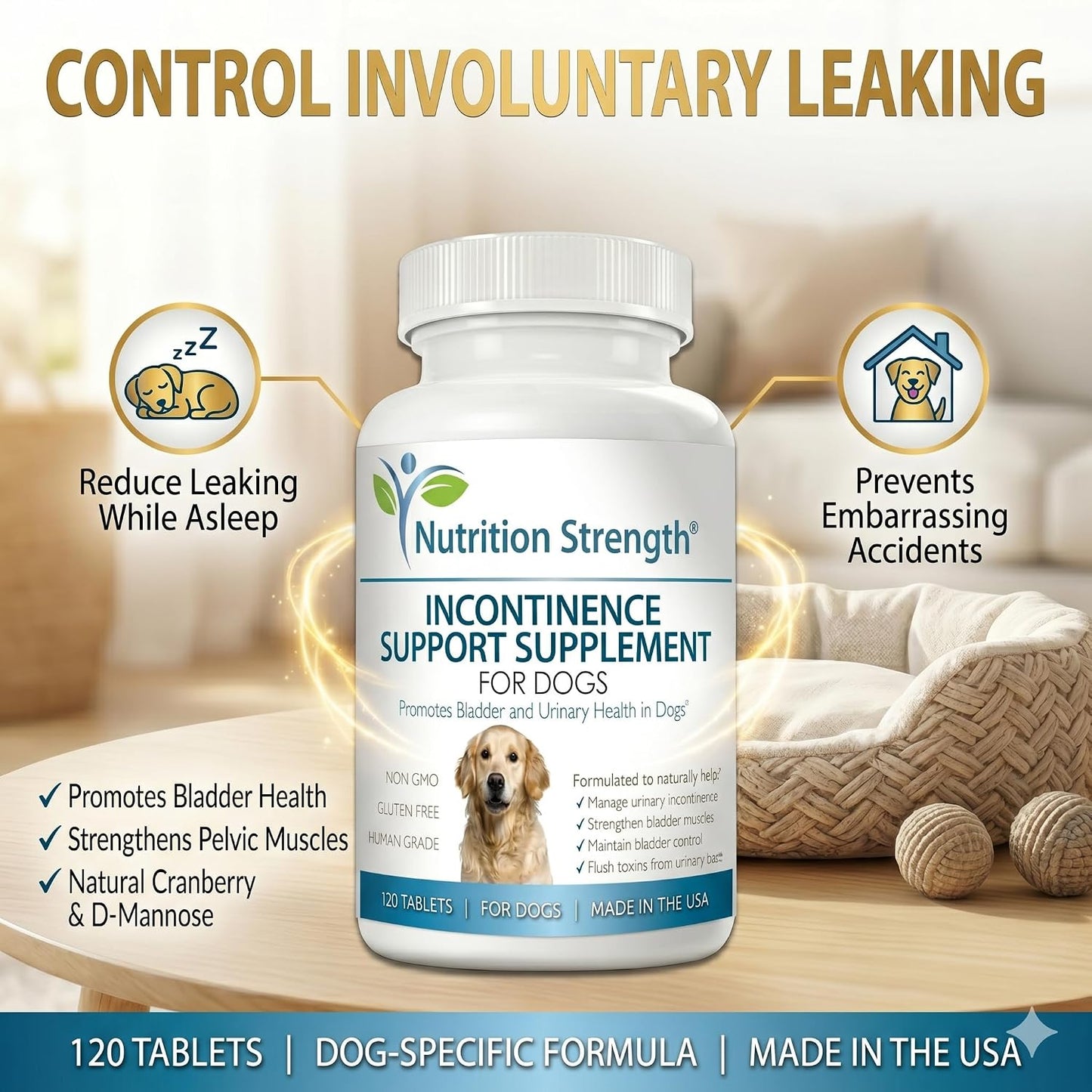 Dog Incontinence Support – Organic Herbal Supplement for Bladder Control – 120 Chewable Tablets - görsel 3