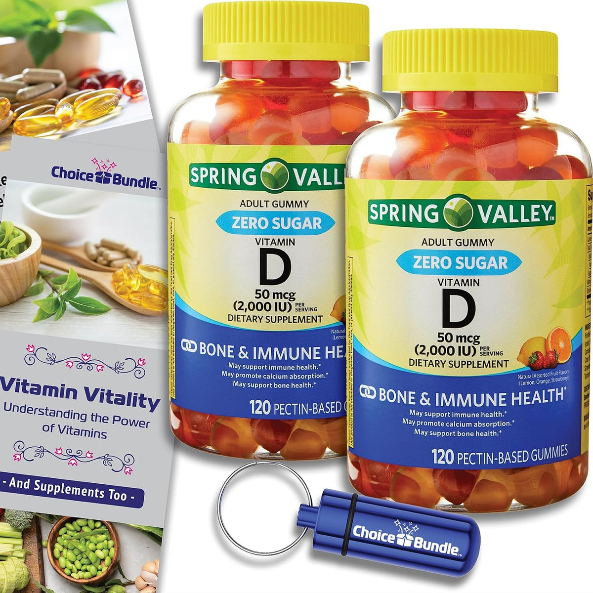Choice Bundle Spring Valley Sugar Free Vitamin D Gummies 50 mcg (2000 IU) for Bone and Immune Health, 2-Pack (240 Gummies) with Vitamin Guide and Pill Container - görsel 1