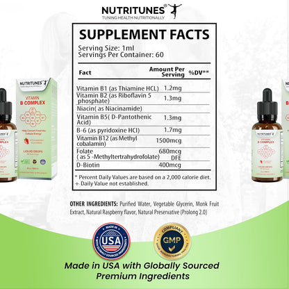 Nutritunes Liquid Vitamin B Complex – High-Potency B-Vitamin Drops – Strawberry Flavour, Non-GMO, Sugar-Free