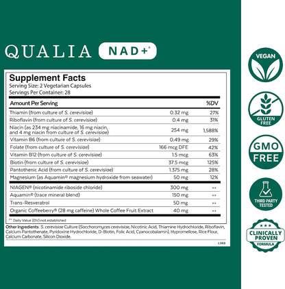 Qualia NAD+ Supplement - Nicotinamide Riboside, Niacin, Niacinamide - 1 Month Supply