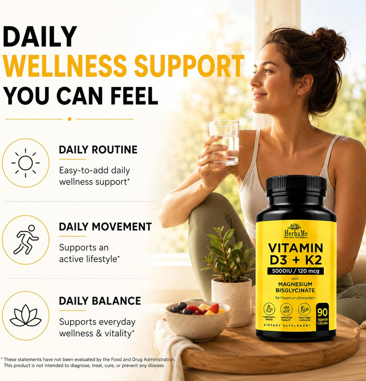 HerbaMe Vitamin D3 5000 IU + K2 with Magnesium Bisglycinate - Bone, Muscle & Immune Support - 90 Capsules - görsel 8