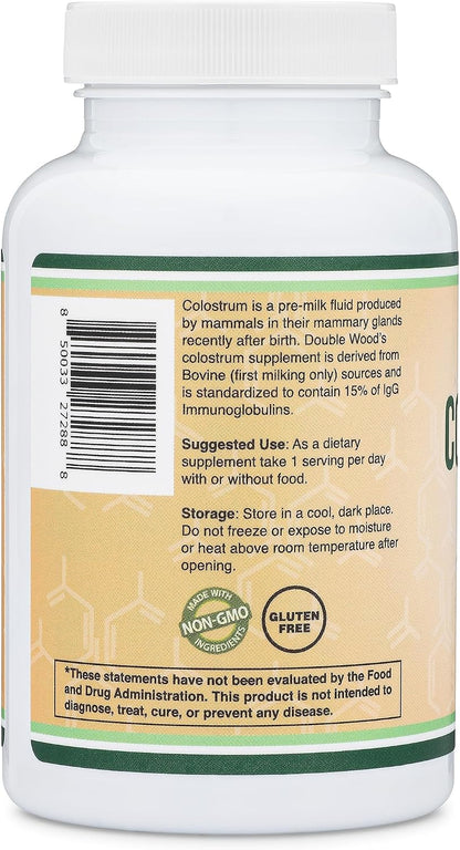Double Wood Bovine Colostrum Supplement – 1,000 mg per Serving, 15% IgG, 120 Capsules