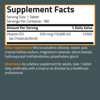 Bronson Vitamin D3 10,000 IU (250 mcg) - 180 Tablets for Immune & Muscle Support