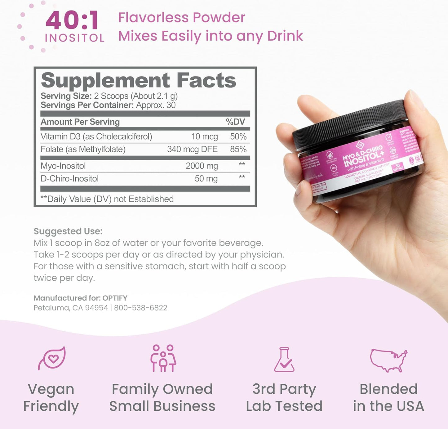 Optify Myo-Inositol & D-Chiro Inositol Powder - 40:1 Ratio with Folate & Vitamin D for Hormonal Balance (63g) - görsel 6
