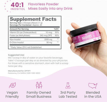 Optify Myo-Inositol & D-Chiro Inositol Powder - 40:1 Ratio with Folate & Vitamin D for Hormonal Balance (63g)