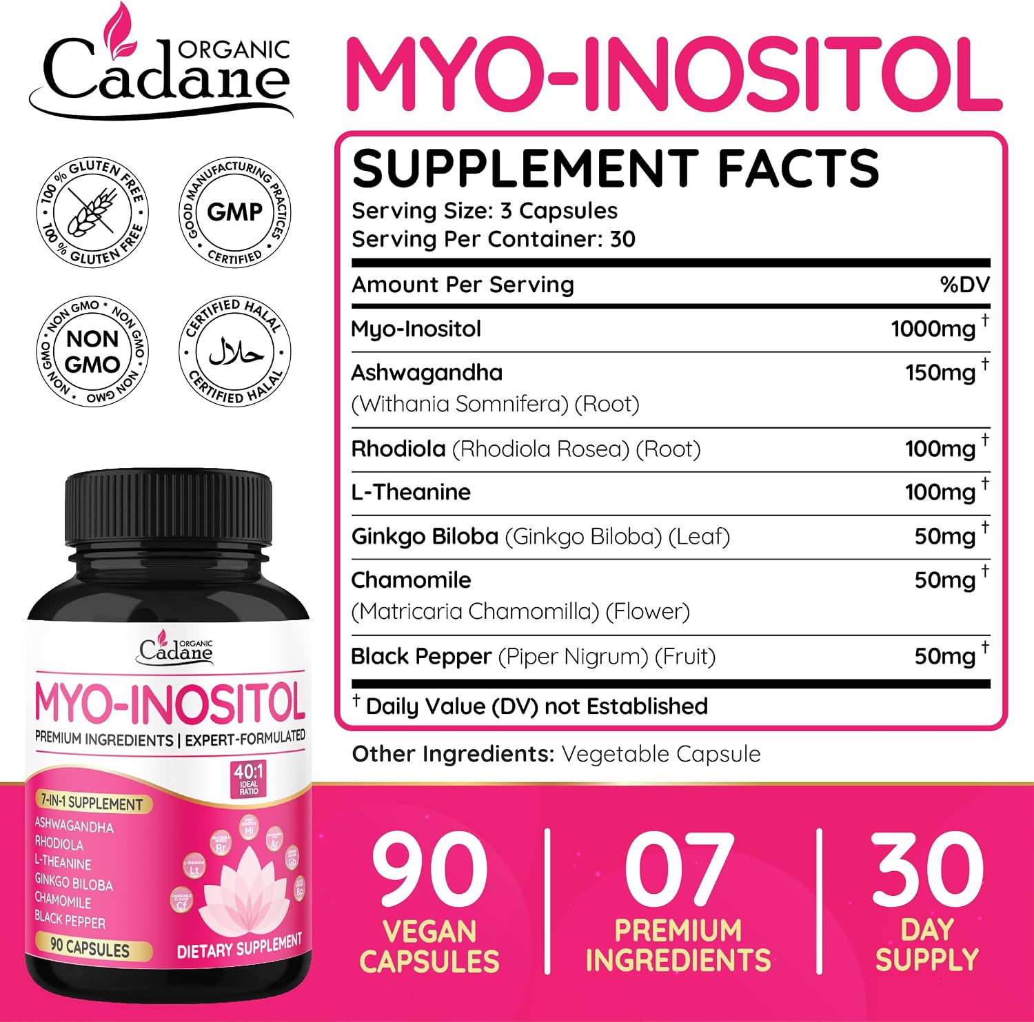 Organic Cadane Myo Inositol & Ashwagandha Capsules with Rhodiola, L-Theanine, Ginkgo Biloba, and More | Supports Body Balance & Digestive Health | Vegan, Non-GMO - 90 Capsules - görsel 2